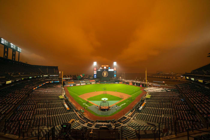 Smoke filled sky at Giants' Oracle Park